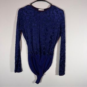 Ann Taylor Navy Velvet Burnout Sheer Long Sleeve Bodysuit